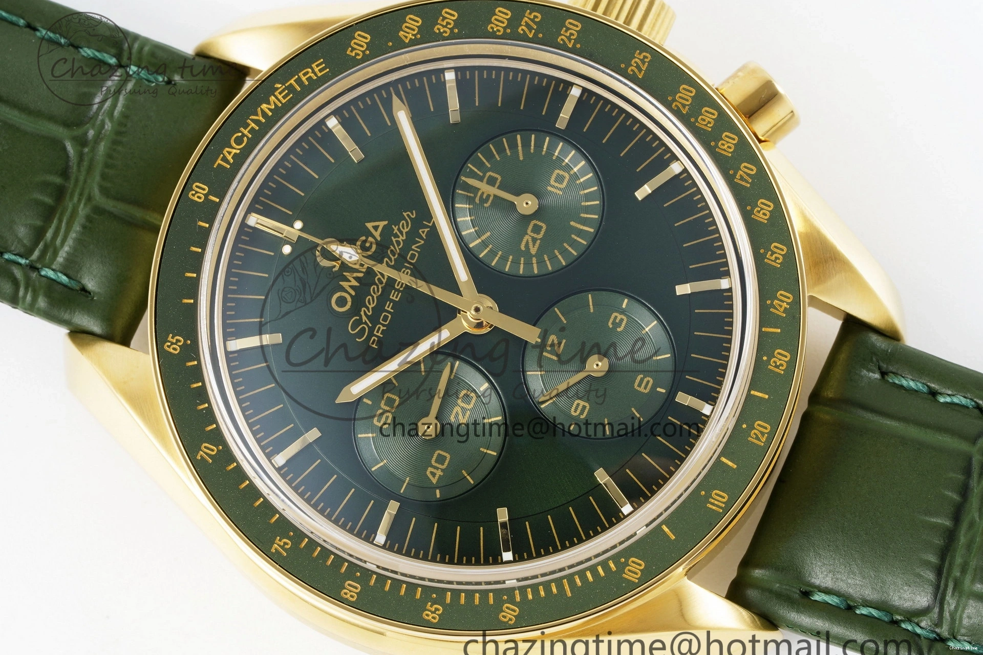 0512 Speedmaster Moonwatch in Moonshine Gold YG RMF Best Edition Green Dial on Green Leather Strap Manual Chrono EasyCare 7832